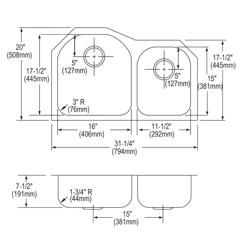 Lustertone 31.25" L x 20" W Double Basin Undermount Kitchen Sink, Right