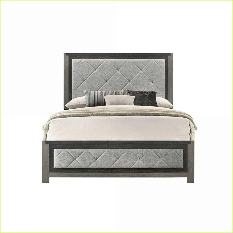 Queen Size Grey Linen Upholstered Bed Frame with LED Headboard Wood Support 660lbs Capacity
