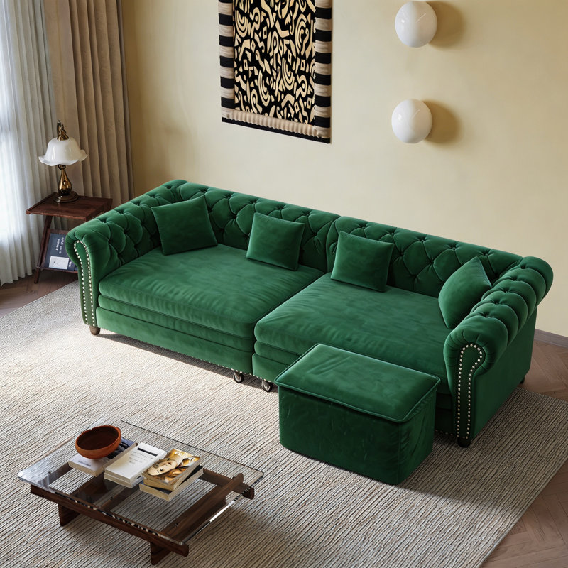 Canapé-lit Chesterfield de 89 po en velours avec très grand lit, canapé-lit convertible avec 4 coussins, noir, Vert