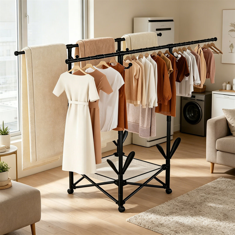 Portable Foldable Clothes Drying Rack with Adjustable Double Extendable Rods, Black, Black