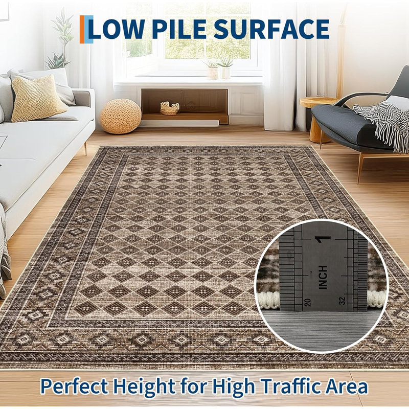 Tapis lavable 8 x 10 x 8 po, grand tapis à bordure moderne antidérapant et résistant aux taches pour la cuisine, la chambre à coucher, le bureau, beige