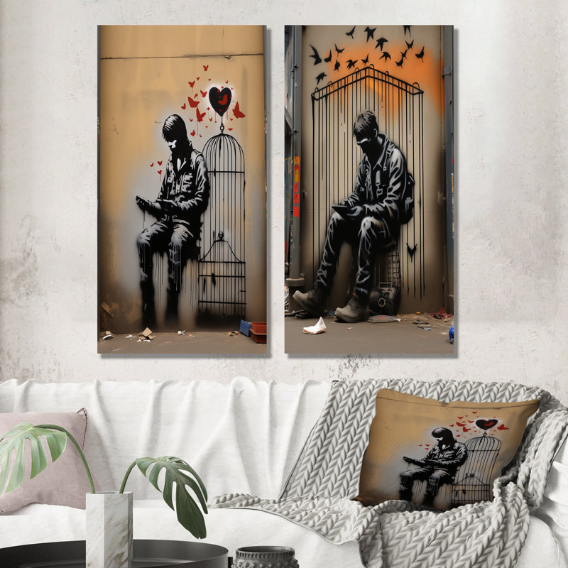 Ensemble de 2 décorations murales Black Urban Solitude Pop Street Art I - Man, Toile tendue, H 28 po x l 25 po