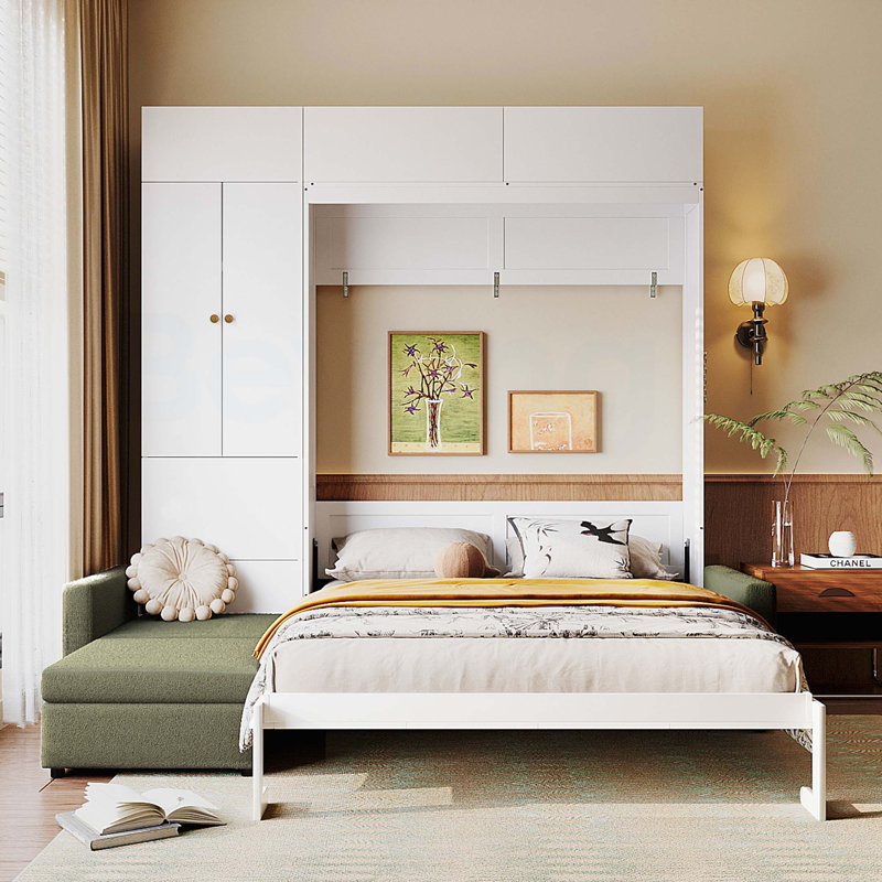 Grand lit escamotable mural avec canapé et tablettes, beige, Beige