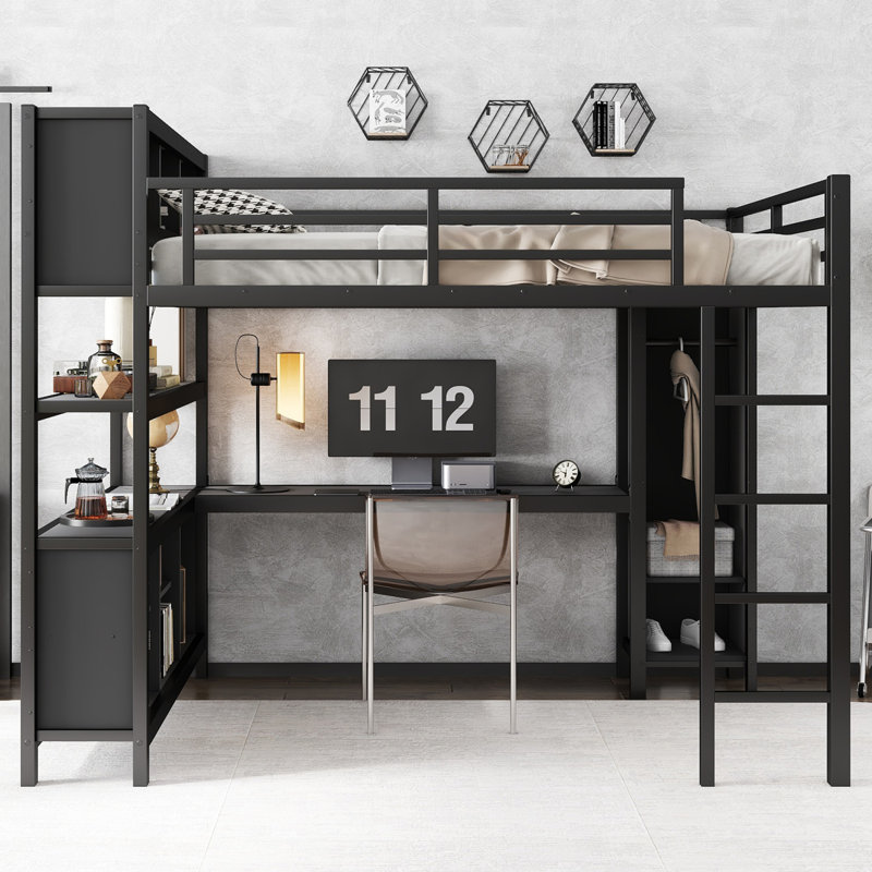 Grand lit mezzanine en métal avec bureau, garde-robe et tablettes de rangement, Noir