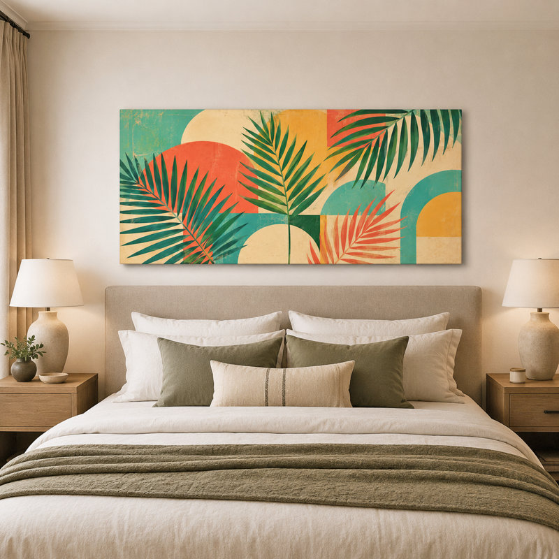 Art mural rétro sur toile, palmier tropical, 27.5"H x 55"W x 1.5"D