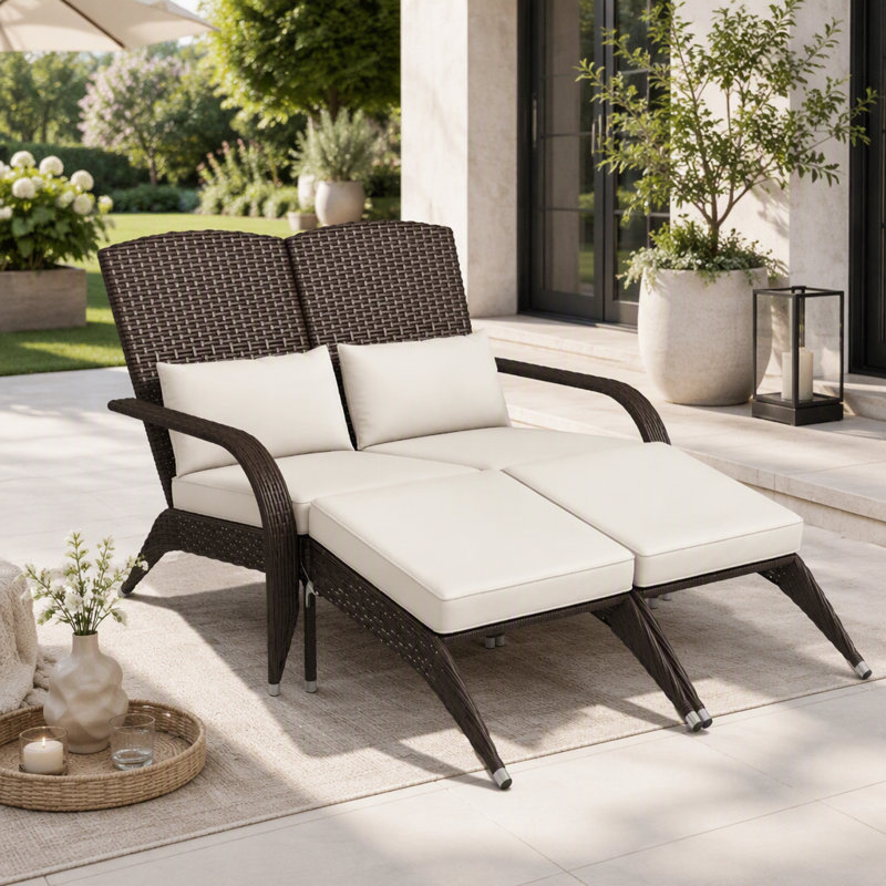 Chaise longue d'extérieur avec dossier haut, Cream White Cushion/Brown Mix Frame