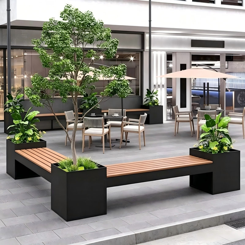 Combo commercial en fer avec banc en fer et jardinière, H 19,69 po x l 70,87 po x P 70,87 po, Noir