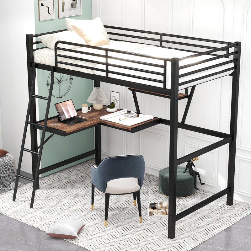 Lit en métal avec bureau et tablette Loft, Lit simple, Noir