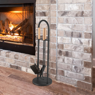 Ensemble d'outils d'extérieur 4 pièces - Ensemble d'accessoires de foyer avec tisonnier, brosse, pelle et support - Outils de foyer pour foyers, foyers et poêles à bois