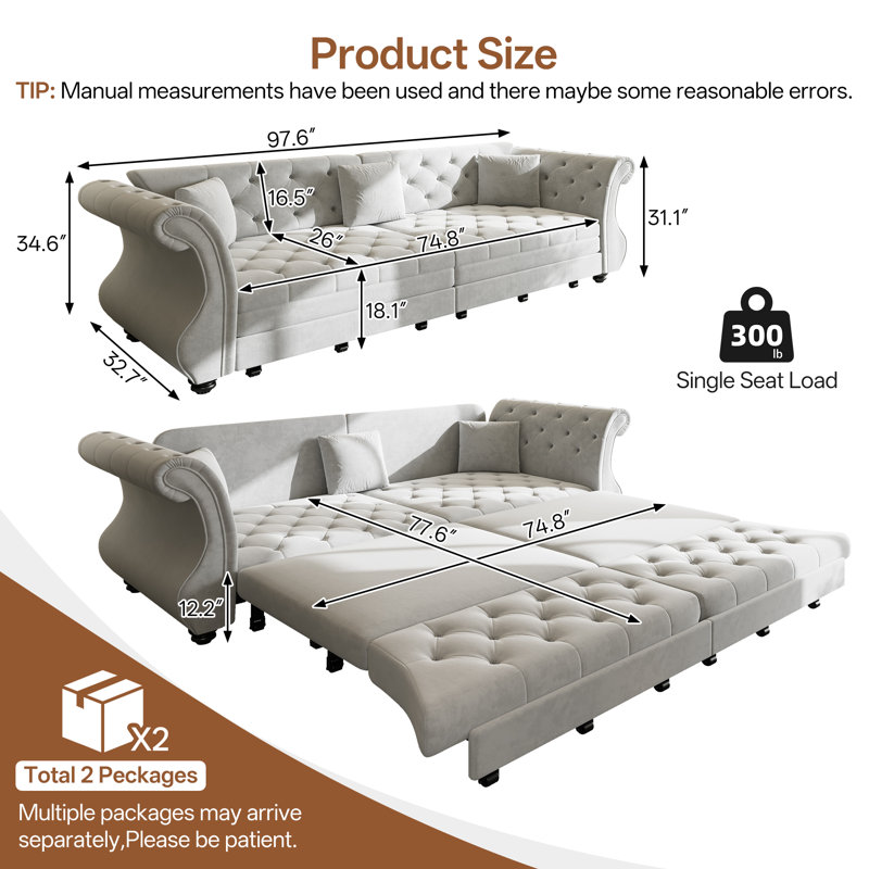 Canapé-lit de 98 po, canapé-lit Chesterfield surdimensionné avec revêtement en velours indémodable, capitonnage élégant pour le salon, la chambre à coucher et un appartement