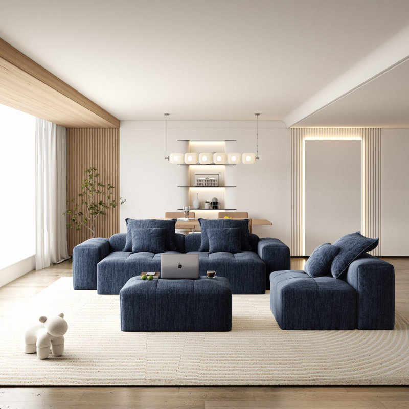 Canapé modulaire en chenille avec repose-pieds et coussins Boneless, Chenille bleue scintillante