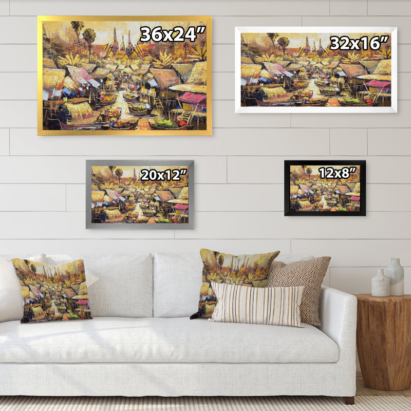 Vie rétro asiatique au bord de l'eau III - peinture sur toile, Cadre d'angle fermé noir, H 8 po x l 12 po x P 1 po