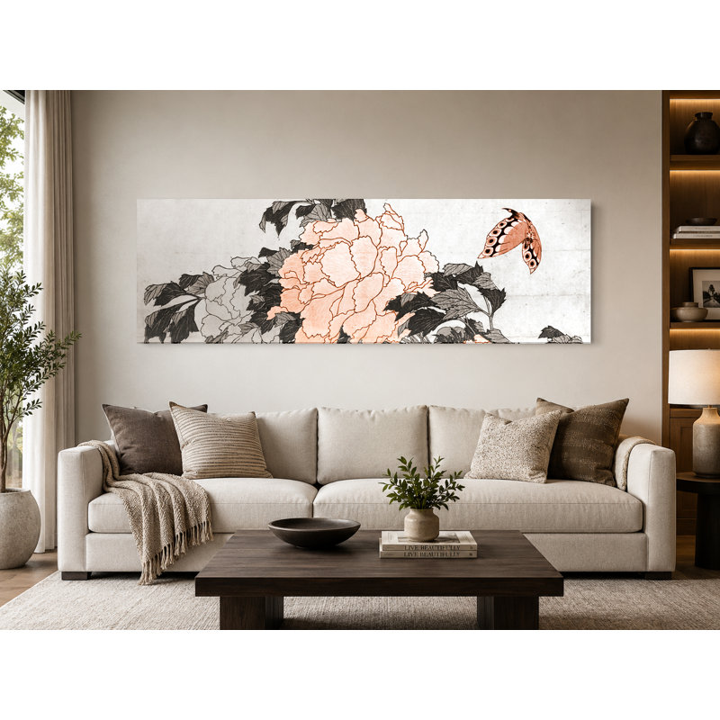 Pivoines et papillon (vers 1833) - Art mural sur toile panoramique, 30" W x 10" H