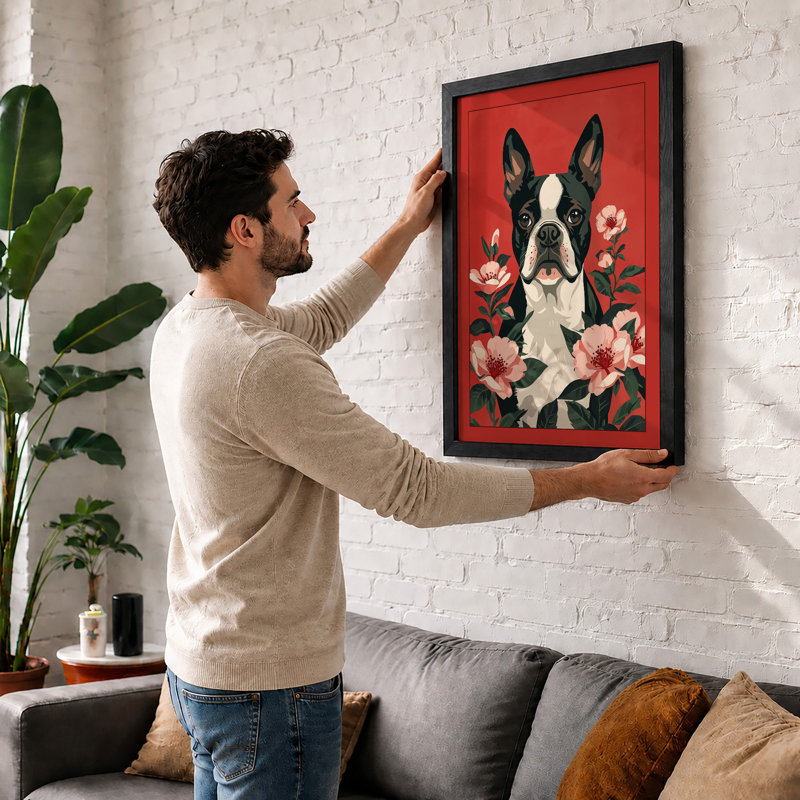 Boston Terrier in Bloom Botanical - Framed Print, A4 - 29.7 x 21.0 cm, White