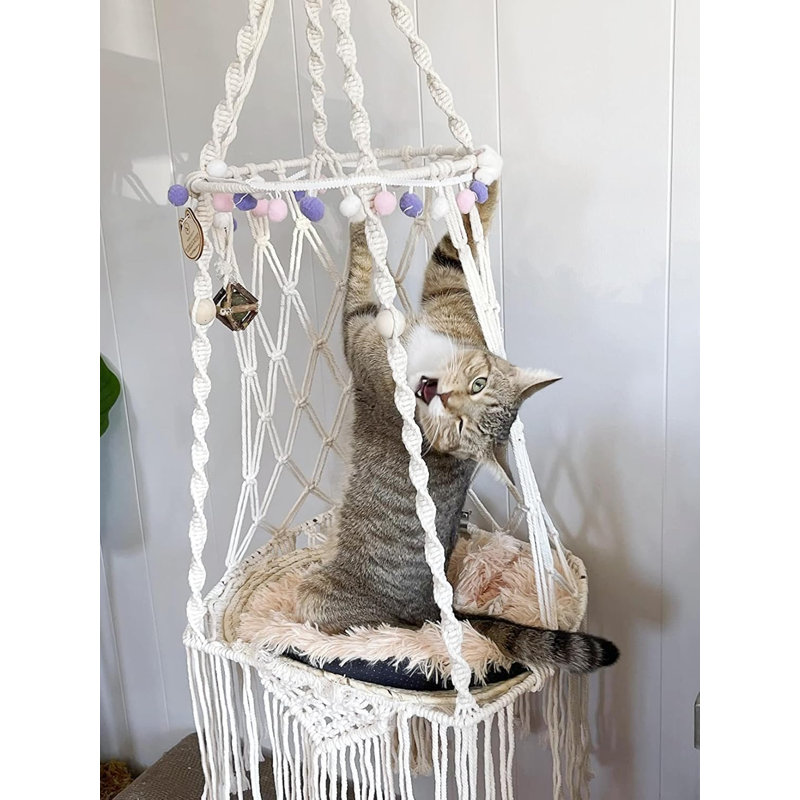 Cat Hammock Macrame Hanging Bed For Large Cats - 50Lbs Heavy Duty Cat Swing Wall Mounted Boho Window Perch - Hardware Kit Included