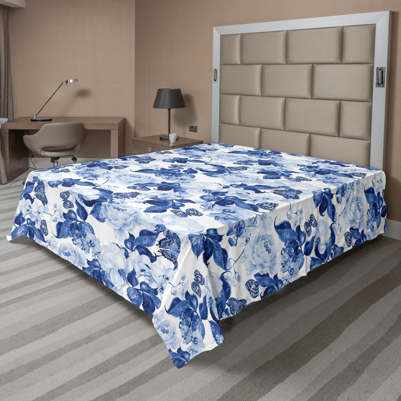 Ambesonne Flowers Flat Sheet Nostalgia Farmhouse, Dark Violet and White
