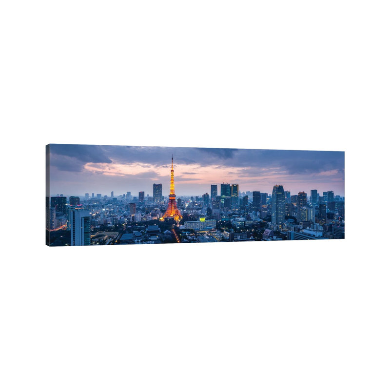 Tokyo Skyline Panorama at Night with Tokyo Tower 1 Piece Wrapped Canvas Panoramic Wall Art