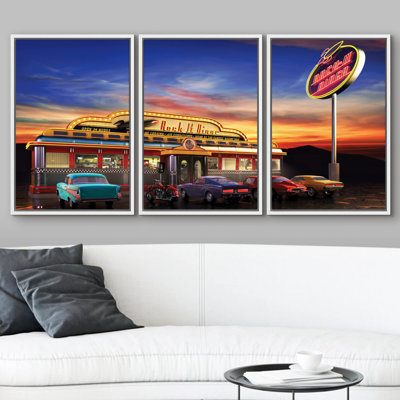 Architecture Building " Retro American Diner At Dusk " 3 - Pieces