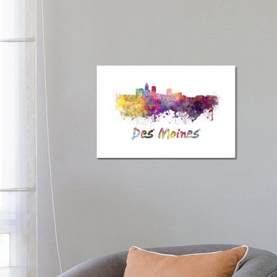 Des Moines Skyline in Watercolour 1 Piece Wrapped Canvas Wall Art