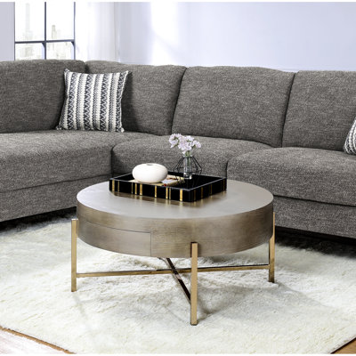 Table basse en forme de tambour brun et champagne avec 1 compartiment de tiroir, base en métal en X, placage supérieur en bois, rangement de 32 po x 16 po, cadre de base, placage de chêne, profondeur de 32 po