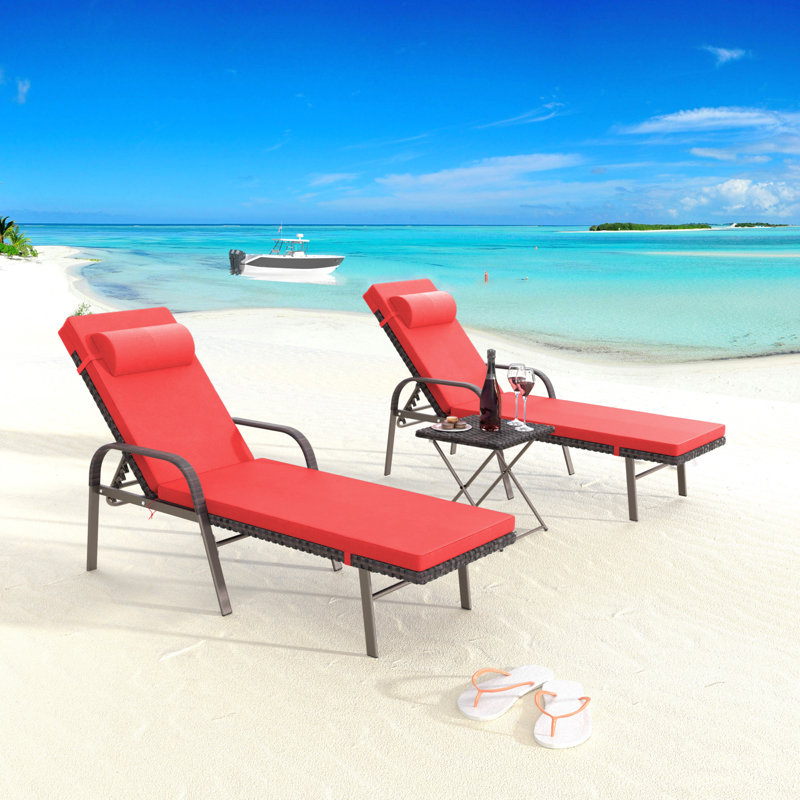3-Piece All-Weather HDPE Wicker Chaise Lounge Set with Six-Position Adjustable Back & High-Resilience Foam Cushions, Red