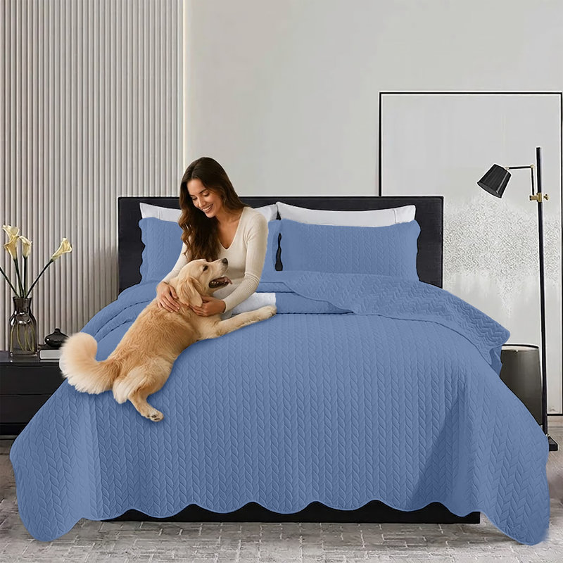 Microfiber Embossed Bedspread Set, King Bedspread + 2 King Shams, Washed Blue