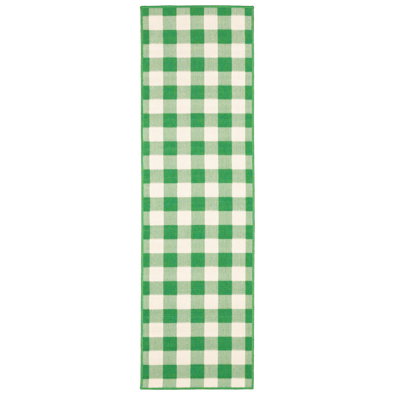 Mac Plaid Indoor / Outdoor Area Rug, Runner 2'3" x 7'6", Green/Ivory