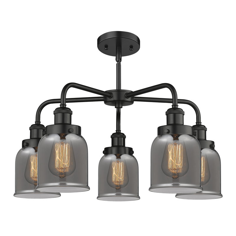 Lustre en verre à 5 lumières Bell, Plaqué couleur fumée, Noir mat