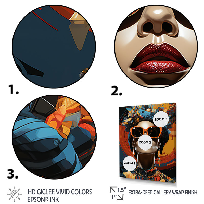 Orange et bleu, femme africaine, lunettes de soleil I - art mural femme africaine, Cadre flottant noir