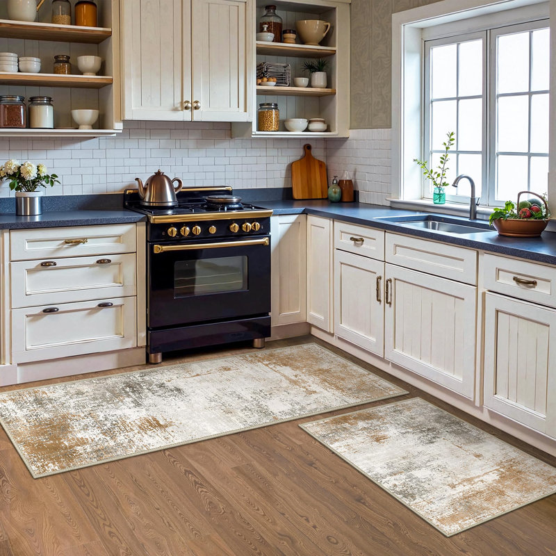 Non-Slip Kitchen Rug Set, Washable Waterproof Abstract Floor Mat, Gold/White