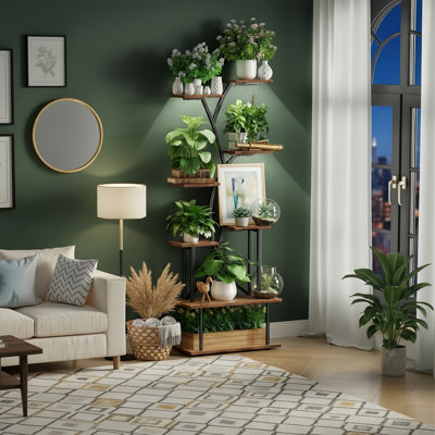 Brown, 68.2-Inch Tall Tree-Shaped Metal Plant Stand With Grow Lights, 8-Tier Display Shelf, Suitable For Living Rooms And Offices. by Arlmont & Co.
