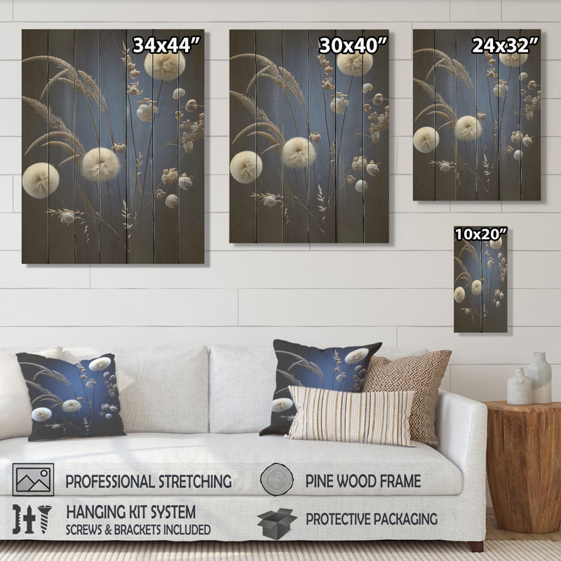 Blue Sapphire Dandilion Serenade - Fleurs sur bois, H 20 po x l 10 po