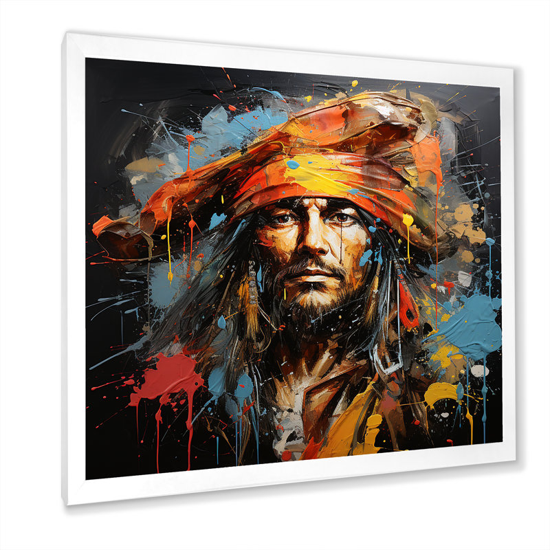 Popart pirate graphite Portrait - art mural pirate, Cadre photo blanc, H 16 po x l 16 po x P 1 po