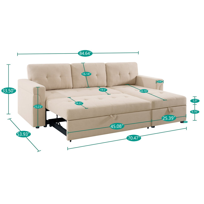 Gadalia Modern L-Shaped Sectional Sleeper Sofa with Storage Chaise, Pull-Out Bed Design – Reversible Velvet Couch for Small Spaces