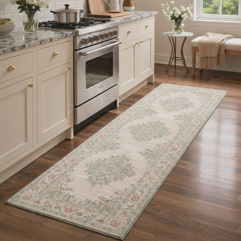 Vintage Medallion French Country Sage & Blush Area Rug, & Traditional Elegance, Machine Washable, Inspired Faux Wool - High-Rebound Foam & Non-Slip Backing