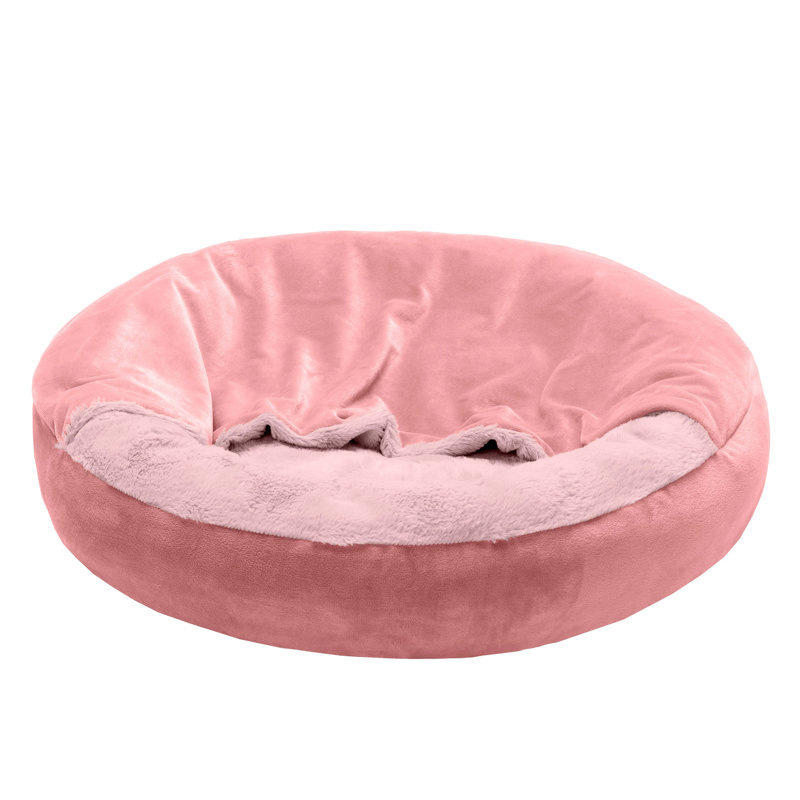 Small Rose Pink Velvet and Faux Fur Hooded Donut Pet Bed