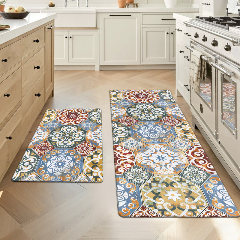 Ensemble de 2 tapis de cuisine Alishia, Rouge/Orange/Jaune, Tapis de couloir 20 po x 31,5 po + 20 po x 59 po