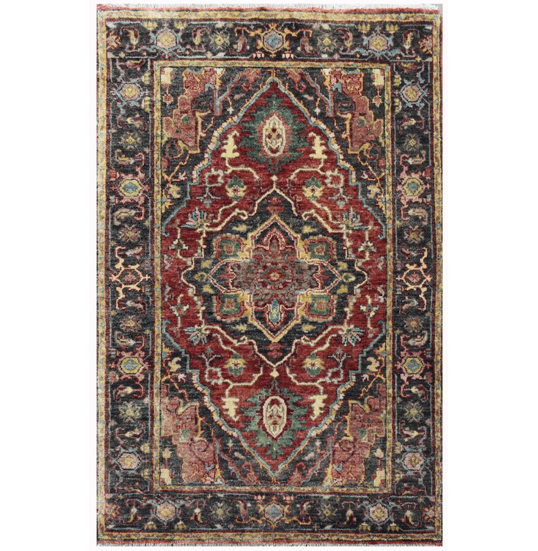 Hand-Knotted High-Quality Charcoal and Red Area Rug, Rectangle 2'7" x 4'3"