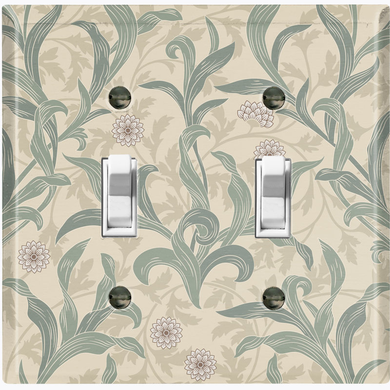Plaque murale à 2 bandes avec motif de fleurs, feuilles et damas vert olive