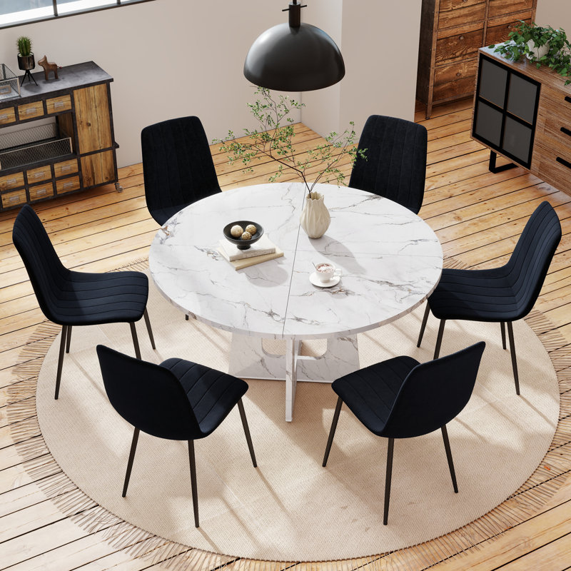47in Round Dining Table and 6 Velvet Chairs Set,  MDF Table and Chairs with Metal Legs, Farmhouse Set for Kitchen Dining Room