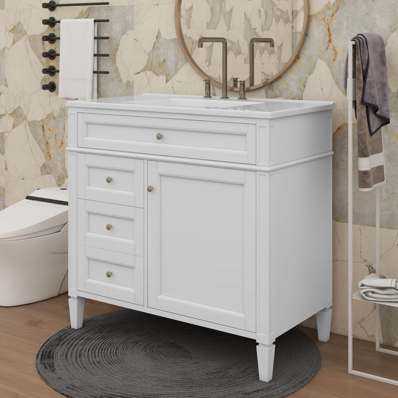 Meuble-lavabo de 36 pouces avec lavabo sur le dessus, armoire de rangement moderne, 2 tiroirs et un tiroir basculant, Blanc