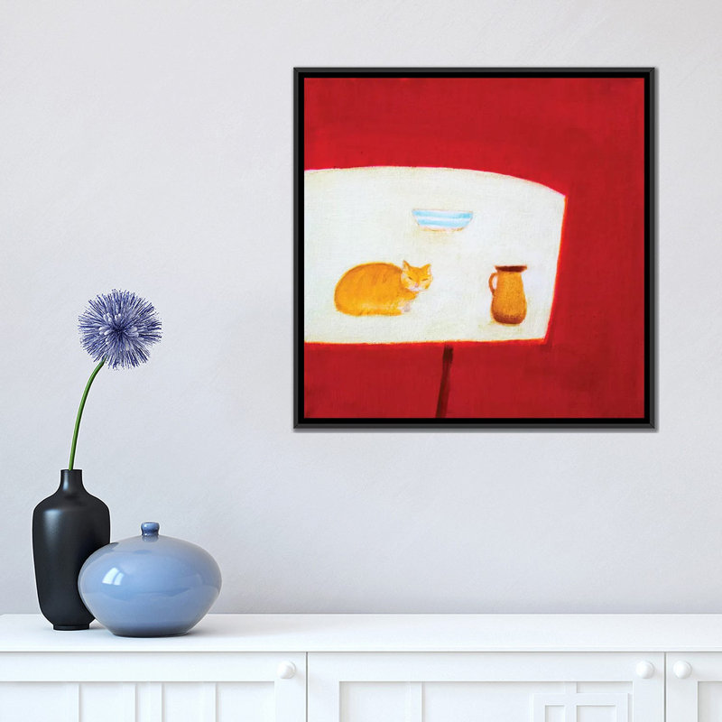 «Still Life with Cat», peinture sur toile tendue, H 18 po x l 18 po x P 1,5 po, Toile encadrée noire, Pas de tapis