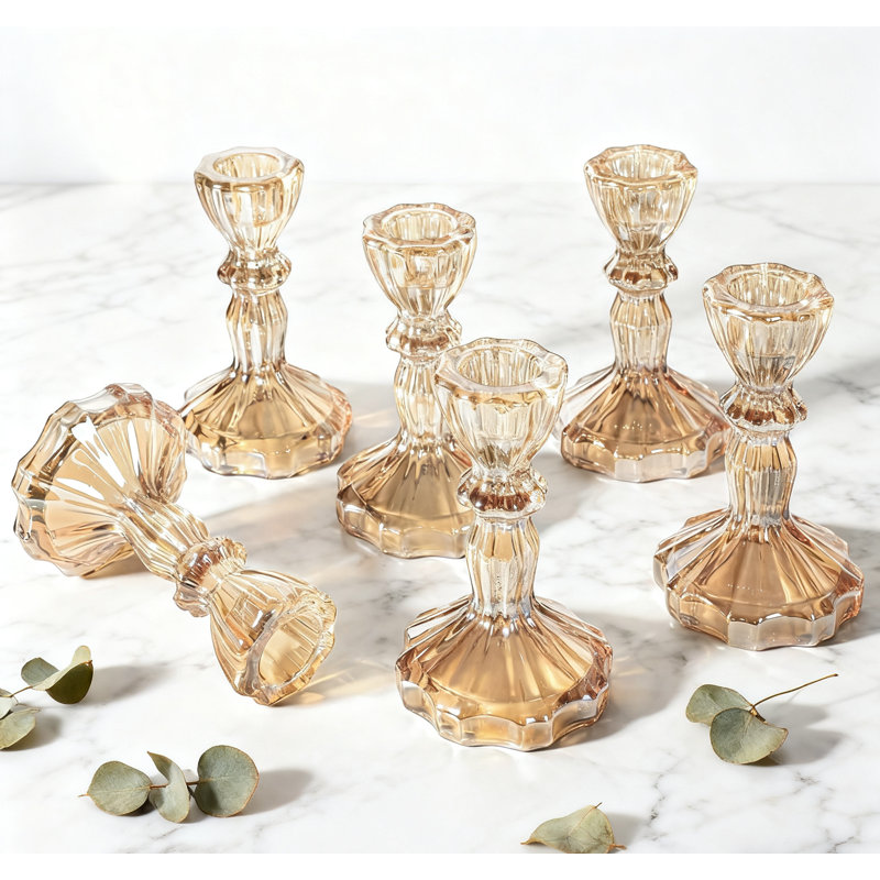 Set Of 6 Crystal Glass Candlestick Holders For Elegant Table Decor, Wedding, Party, And Home Centerpiece, Gold