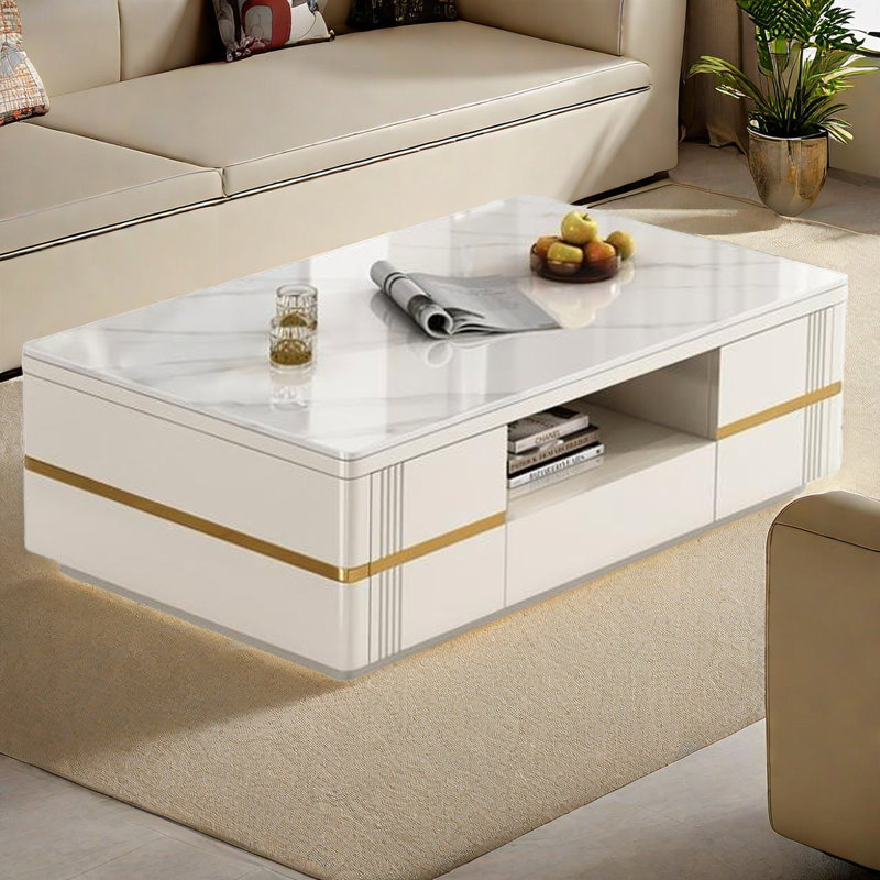 Table basse simple à plaque de pierre haut de gamme, Blanc / Blanc, H 17,7 po x L 51,2 po x l 2,6 po, Blanc / Blanc