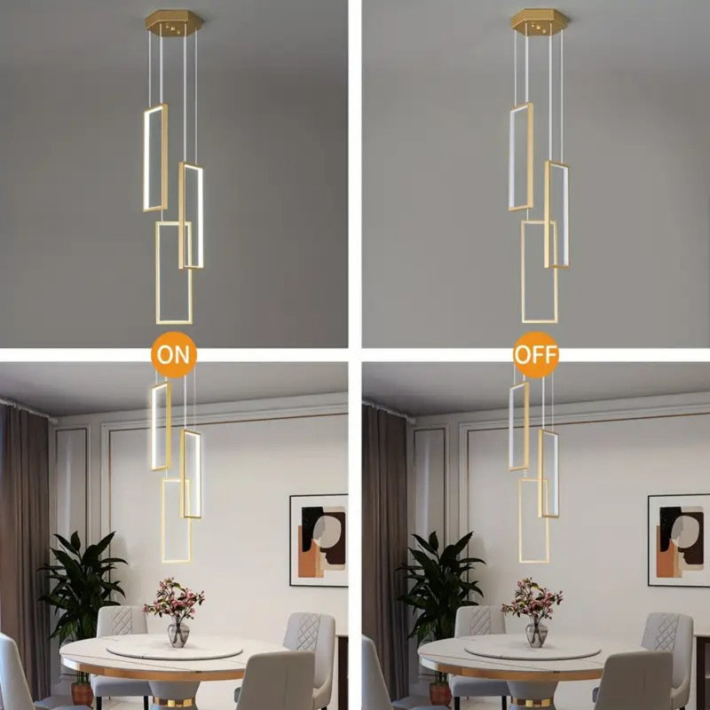 Lustre 40W DEL rectangulaire - 3 lumières annulaires à intensité variable avec cadre en métal doré