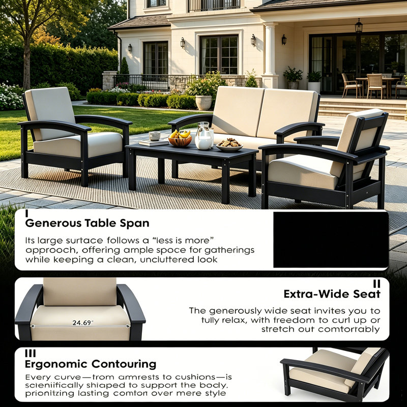 Ensemble de meubles de patio en PEHD 4 pièces Deluxe, Noir