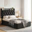 Lit simple tapissier beige avec tête de lit capitonnée, 2 tiroirs de rangement et lumières DEL-1286894440-1284277565