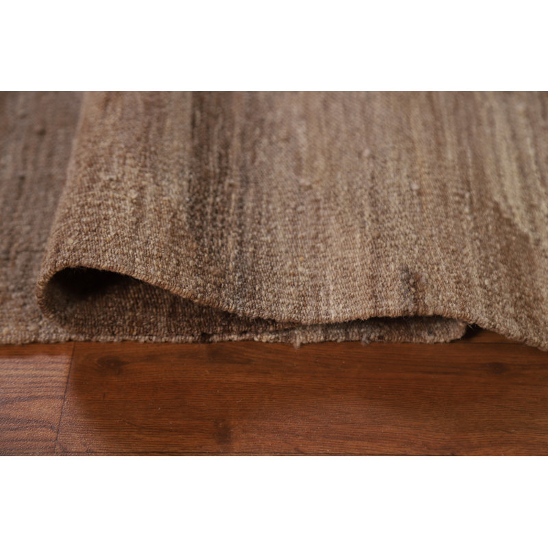 Tapis brun rayé en laine tissé à plat à la main et rectangulaire 5 pi x 6 pi 6 po