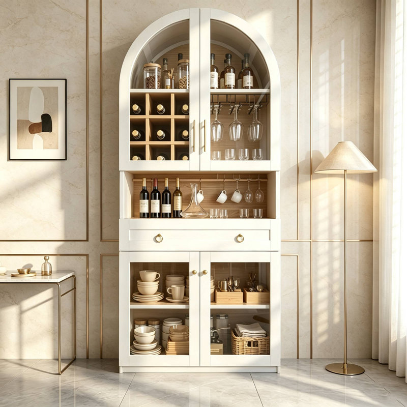 Meuble-bar arqué de 178 cm de haut, avec portes en verre trempé, casier à vin à 9 compartiments et porte-verres, comptoir ouvert avec crochets pour tasses, tiroir et meuble de rangement.