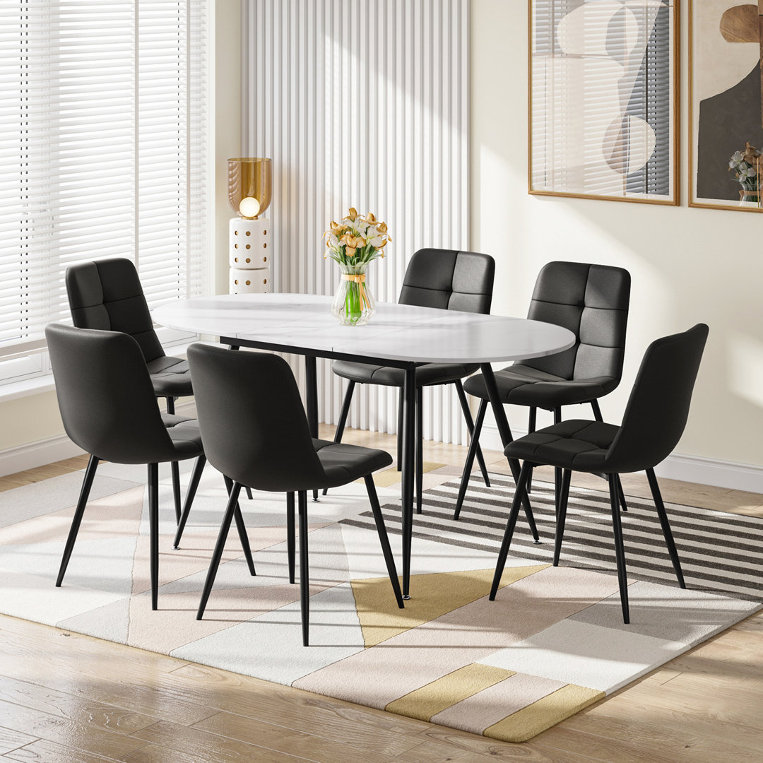 Extendable Dining Table And Chairs Set Of 6, Oval Mable Effect Table With Upholstered Chairs